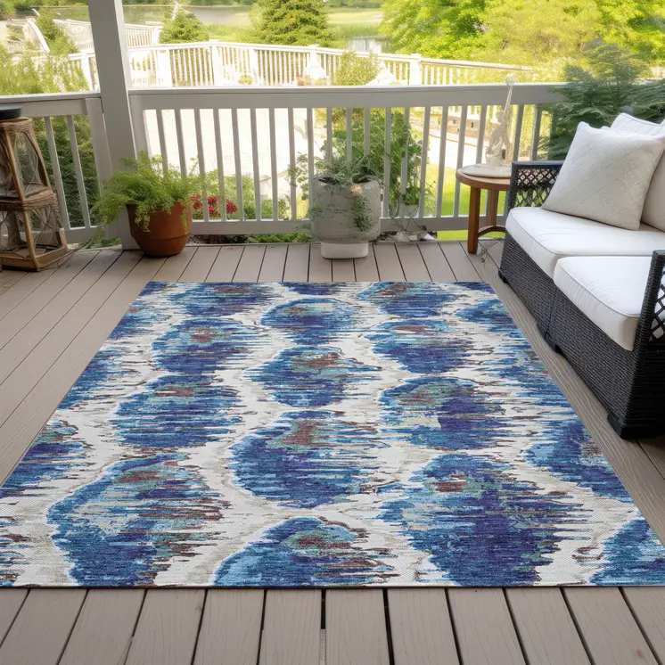 5' X 8' Denim Blue And Sky Blue Abstract Washable Indoor Outdoor Area Rug