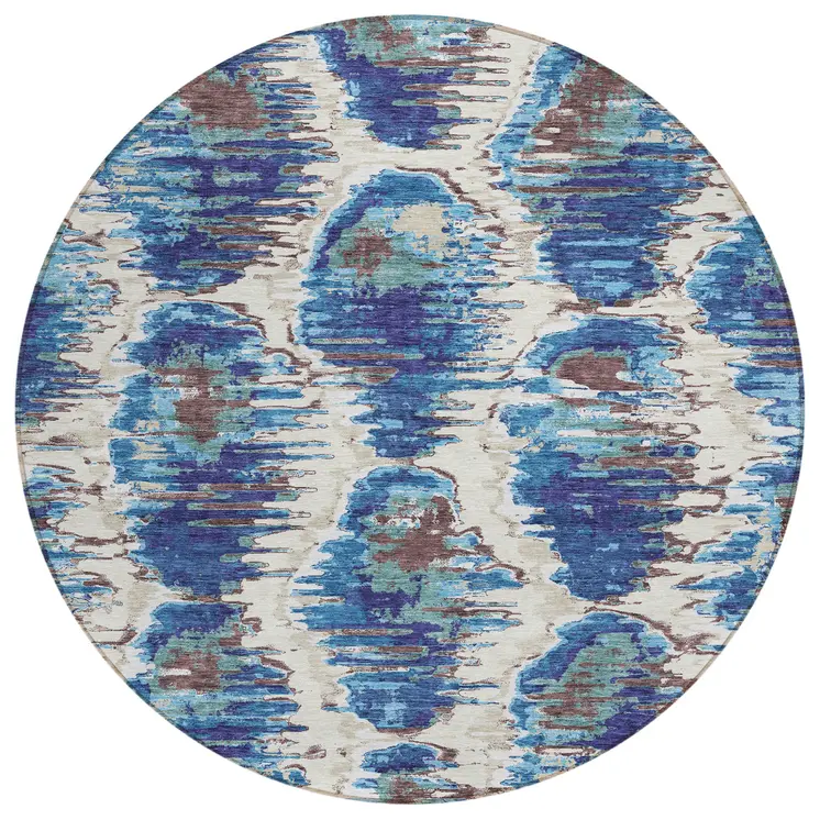 8' Denim Blue And Sky Blue Round Abstract Washable Indoor Outdoor Area Rug
