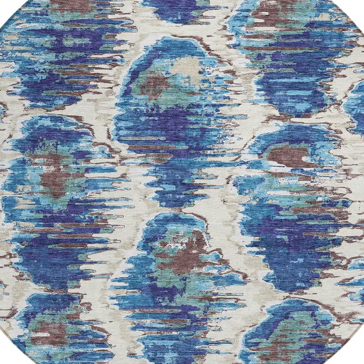 8' Denim Blue And Sky Blue Round Abstract Washable Indoor Outdoor Area Rug