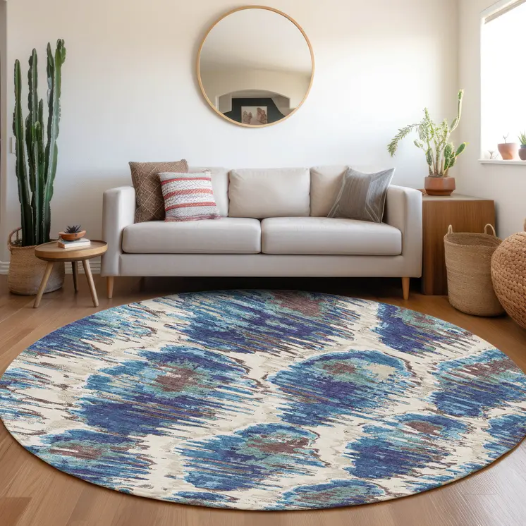 8' Denim Blue And Sky Blue Round Abstract Washable Indoor Outdoor Area Rug