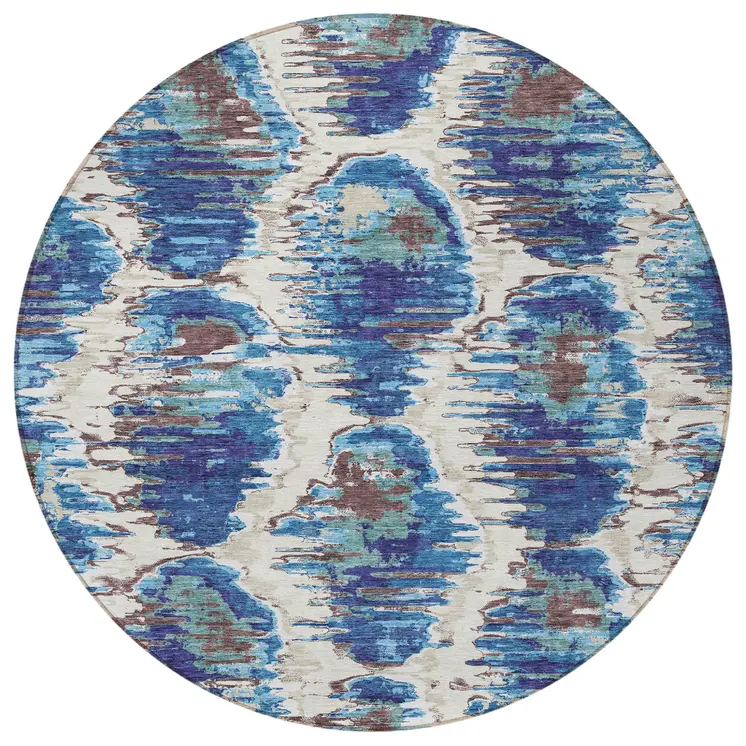 8' Denim Blue And Sky Blue Round Abstract Washable Indoor Outdoor Area Rug