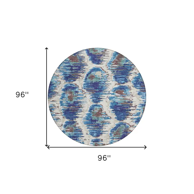 8' Denim Blue And Sky Blue Round Abstract Washable Indoor Outdoor Area Rug