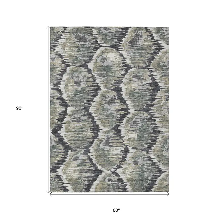5' X 8' Charcoal Gray And Silver Abstract Washable Indoor Outdoor Area Rug
