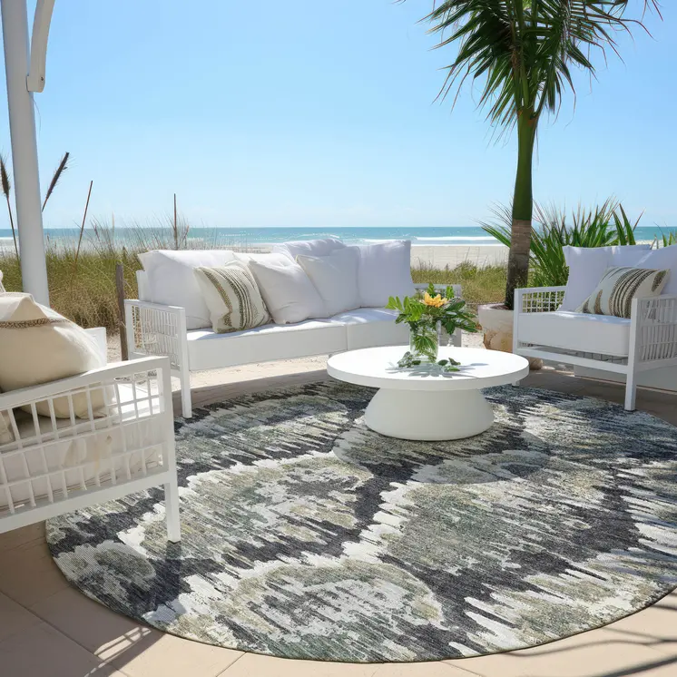 8' Charcoal Gray And Silver Round Abstract Washable Indoor Outdoor Area Rug