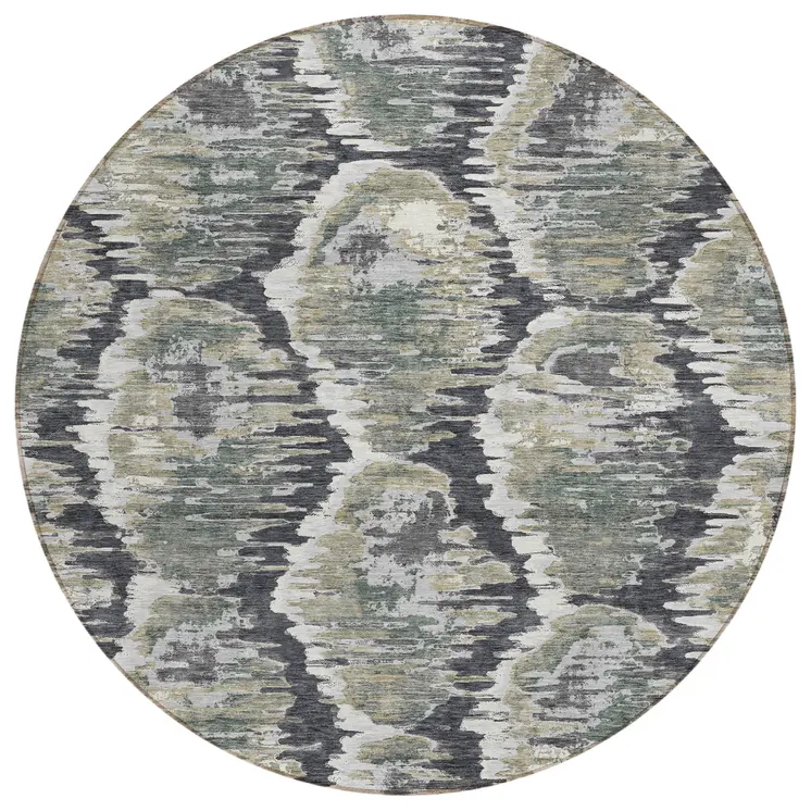 8' Charcoal Gray And Silver Round Abstract Washable Indoor Outdoor Area Rug