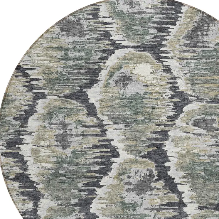 8' Charcoal Gray And Silver Round Abstract Washable Indoor Outdoor Area Rug