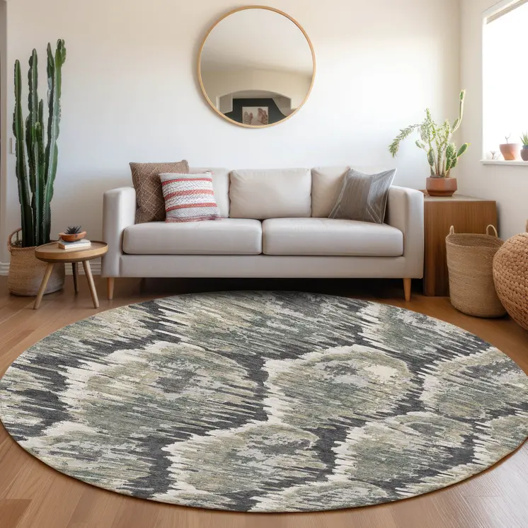 8' Charcoal Gray And Silver Round Abstract Washable Indoor Outdoor Area Rug