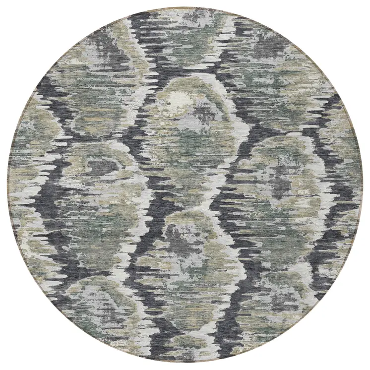 8' Charcoal Gray And Silver Round Abstract Washable Indoor Outdoor Area Rug