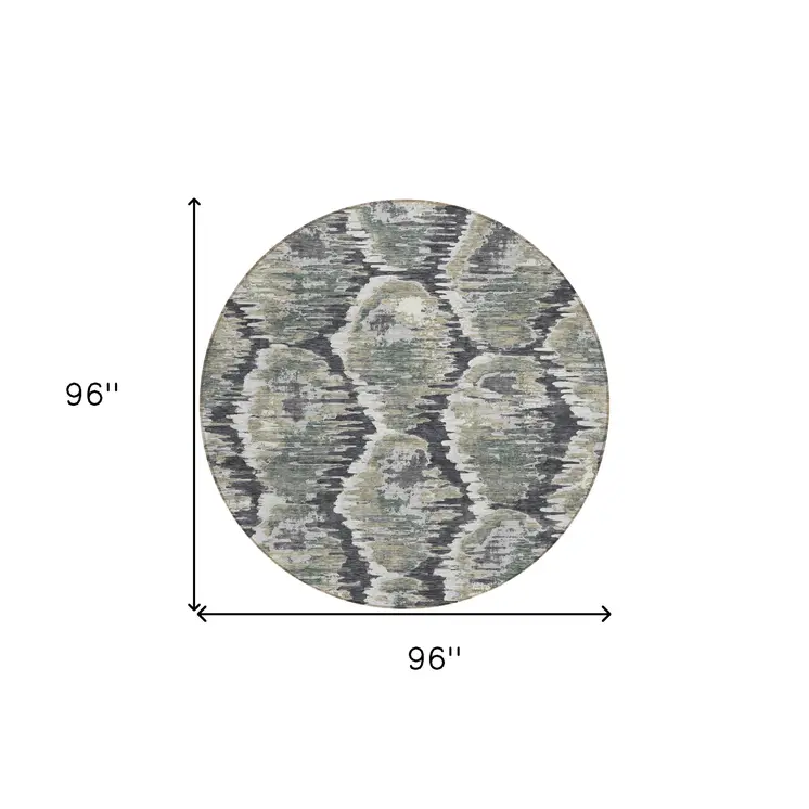 8' Charcoal Gray And Silver Round Abstract Washable Indoor Outdoor Area Rug