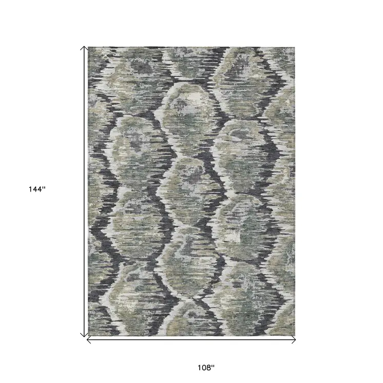 9' X 12' Charcoal Gray And Silver Abstract Washable Indoor Outdoor Area Rug