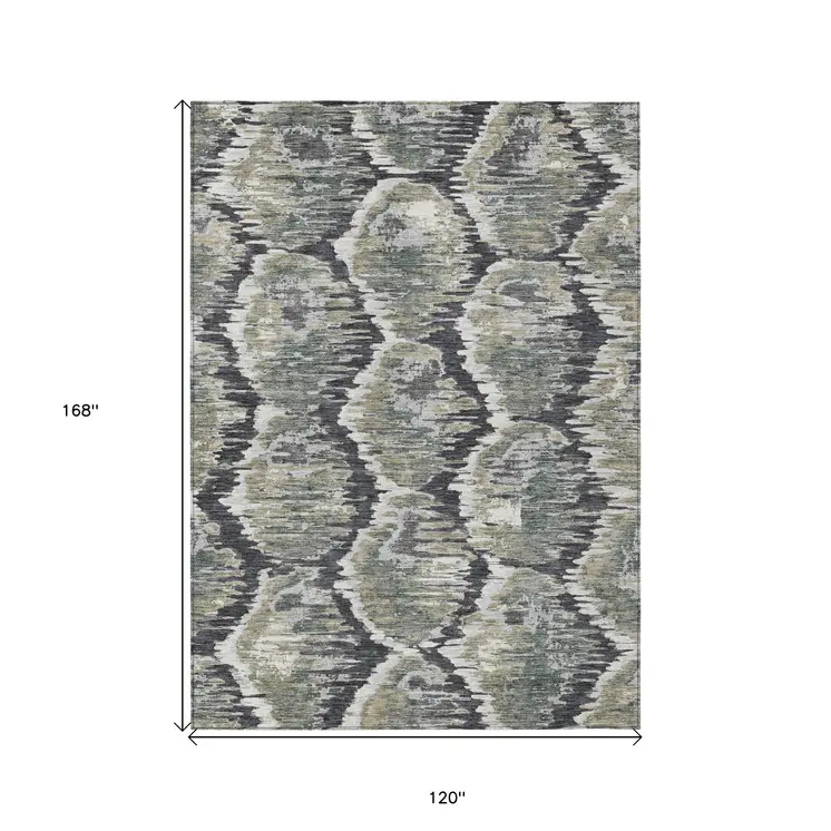 10' X 14' Charcoal Gray And Silver Abstract Washable Indoor Outdoor Area Rug