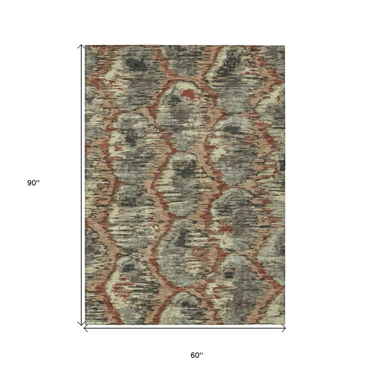 5' X 8' Copper Gray And Charcoal Abstract Washable Indoor Outdoor Area Rug