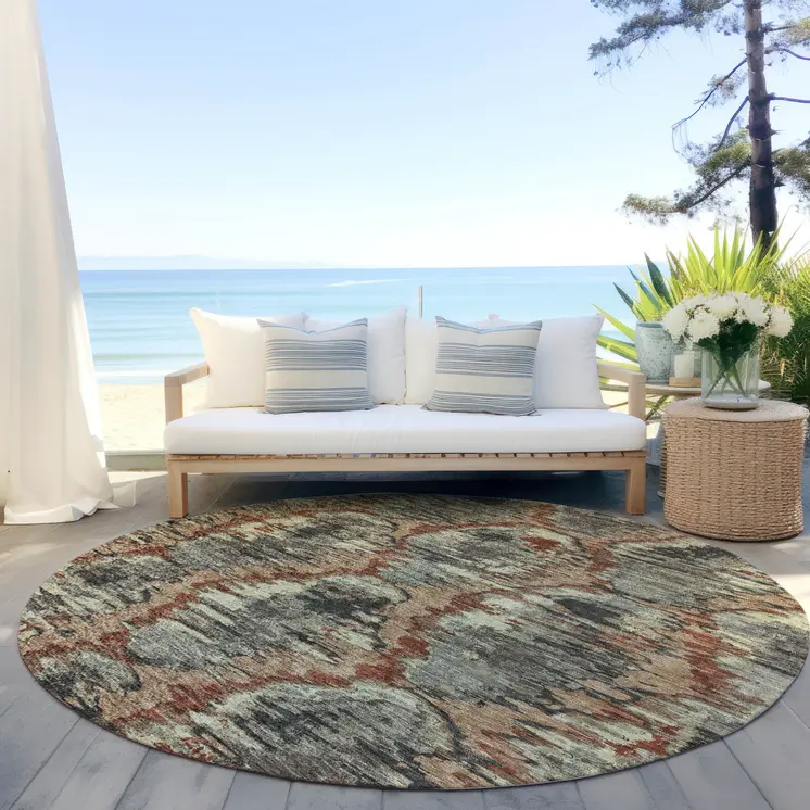 8' Copper Gray And Charcoal Round Abstract Washable Indoor Outdoor Area Rug
