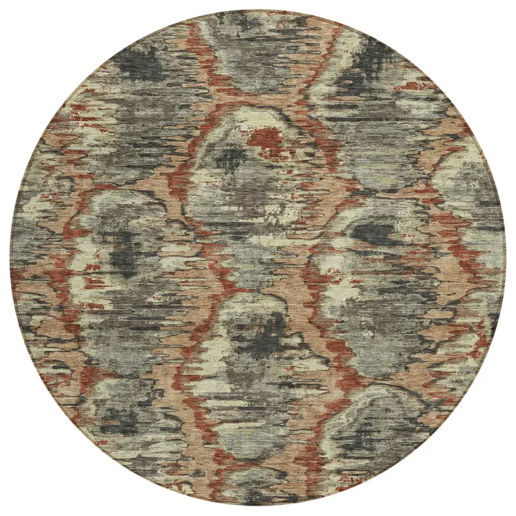 8' Copper Gray And Charcoal Round Abstract Washable Indoor Outdoor Area Rug