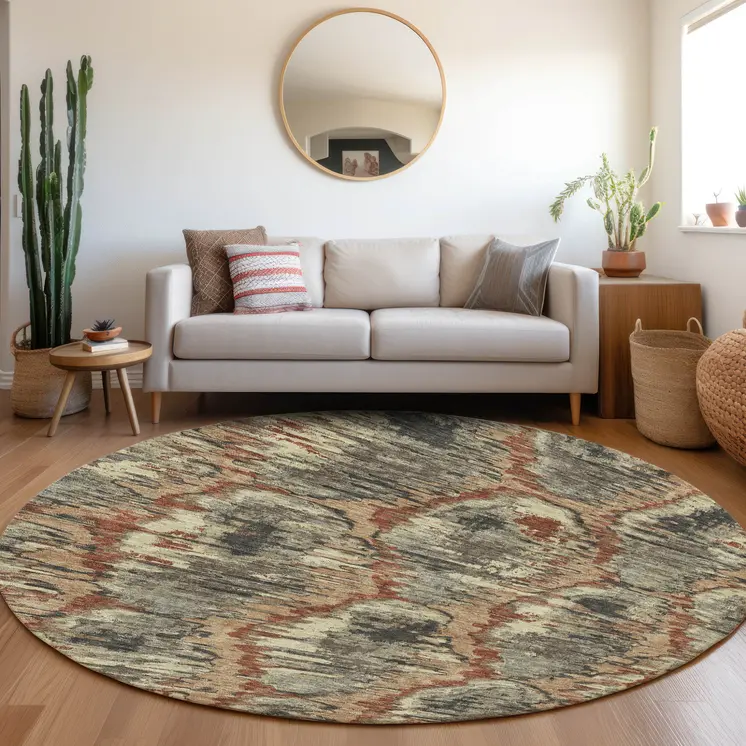 8' Copper Gray And Charcoal Round Abstract Washable Indoor Outdoor Area Rug