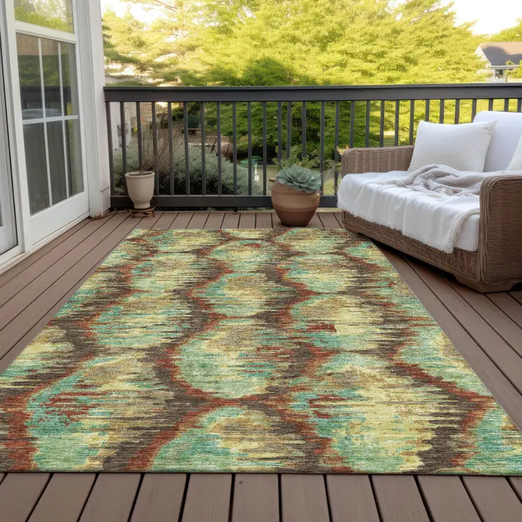 3' X 5' Brown Gold And Teal Blue Abstract Washable Indoor Outdoor Area Rug