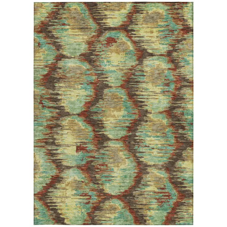 3' X 5' Brown Gold And Teal Blue Abstract Washable Indoor Outdoor Area Rug