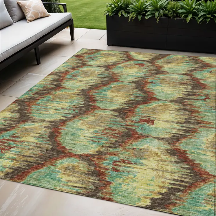 5' X 8' Brown Gold And Teal Blue Abstract Washable Indoor Outdoor Area Rug