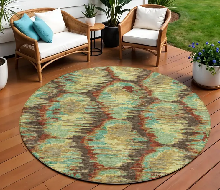 8' Brown Gold And Teal Blue Round Abstract Washable Indoor Outdoor Area Rug