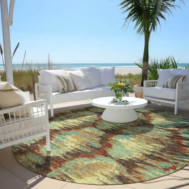 8' Brown Gold And Teal Blue Round Abstract Washable Indoor Outdoor Area Rug