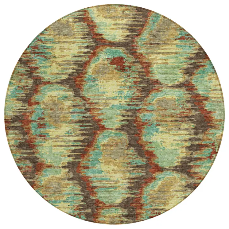 8' Brown Gold And Teal Blue Round Abstract Washable Indoor Outdoor Area Rug