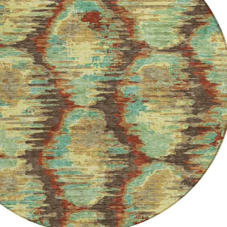 8' Brown Gold And Teal Blue Round Abstract Washable Indoor Outdoor Area Rug