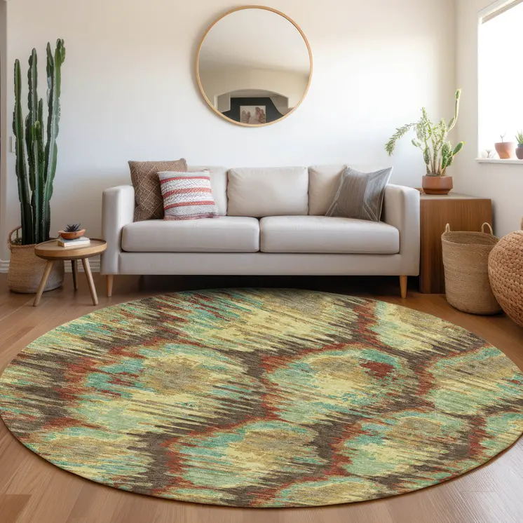 8' Brown Gold And Teal Blue Round Abstract Washable Indoor Outdoor Area Rug