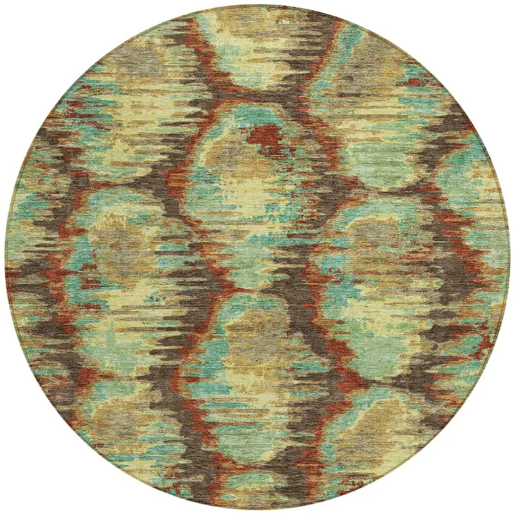 8' Brown Gold And Teal Blue Round Abstract Washable Indoor Outdoor Area Rug