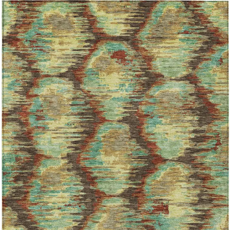9' X 12' Brown Gold And Teal Blue Abstract Washable Indoor Outdoor Area Rug