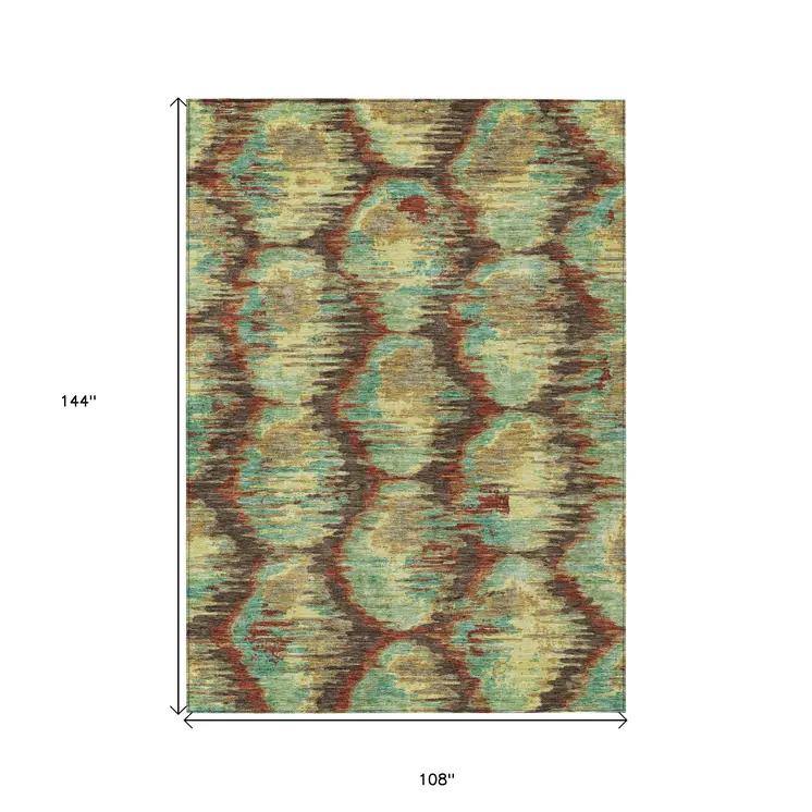 9' X 12' Brown Gold And Teal Blue Abstract Washable Indoor Outdoor Area Rug