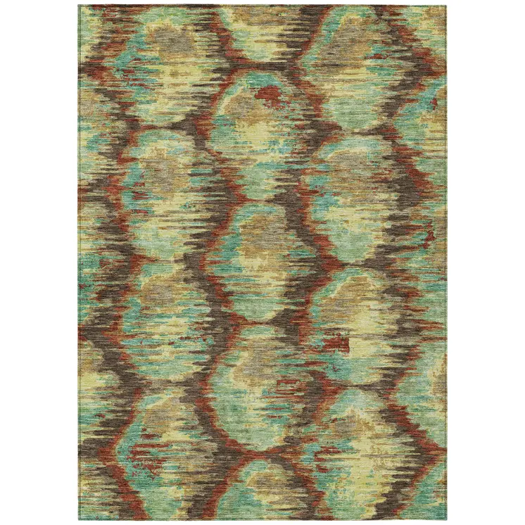 9' X 12' Brown Gold And Teal Blue Abstract Washable Indoor Outdoor Area Rug