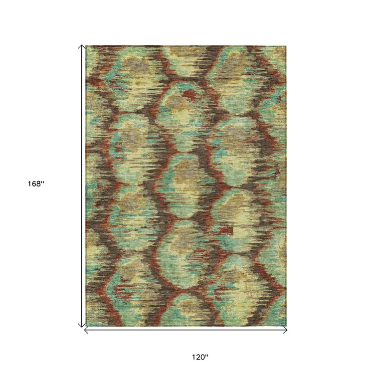 10' X 14' Brown Gold And Teal Blue Abstract Washable Indoor Outdoor Area Rug