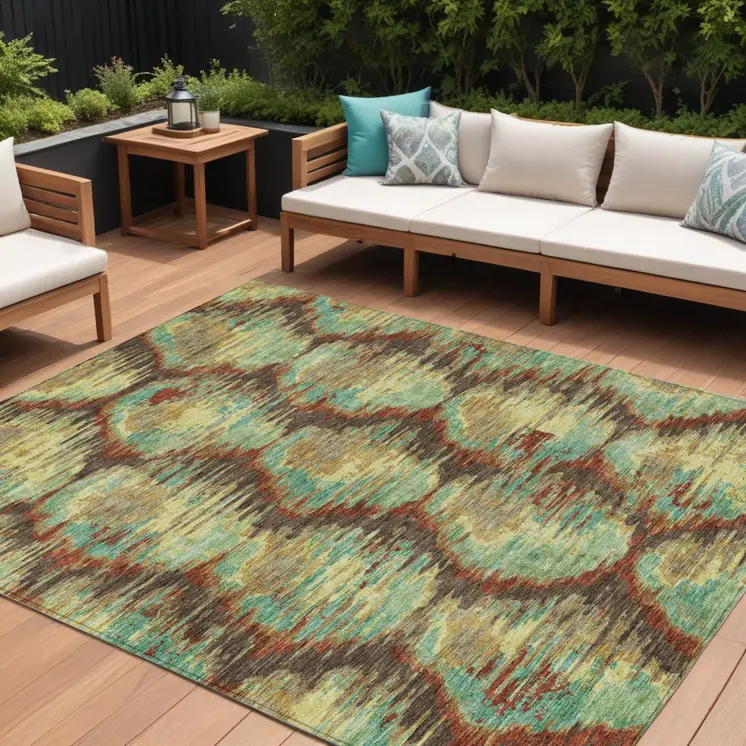 10' X 14' Brown Gold And Teal Blue Abstract Washable Indoor Outdoor Area Rug