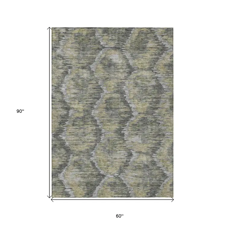 5' X 8' Gray Silver And Wheat Abstract Washable Indoor Outdoor Area Rug