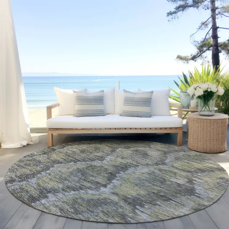 8' Gray Silver And Wheat Round Abstract Washable Indoor Outdoor Area Rug