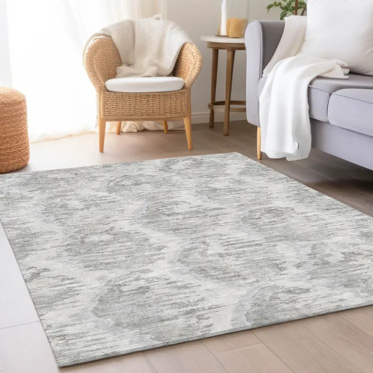 5' X 8' Ivory Silver And Taupe Abstract Washable Indoor Outdoor Area Rug