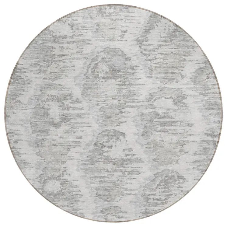 8' Ivory Silver And Taupe Round Abstract Washable Indoor Outdoor Area Rug