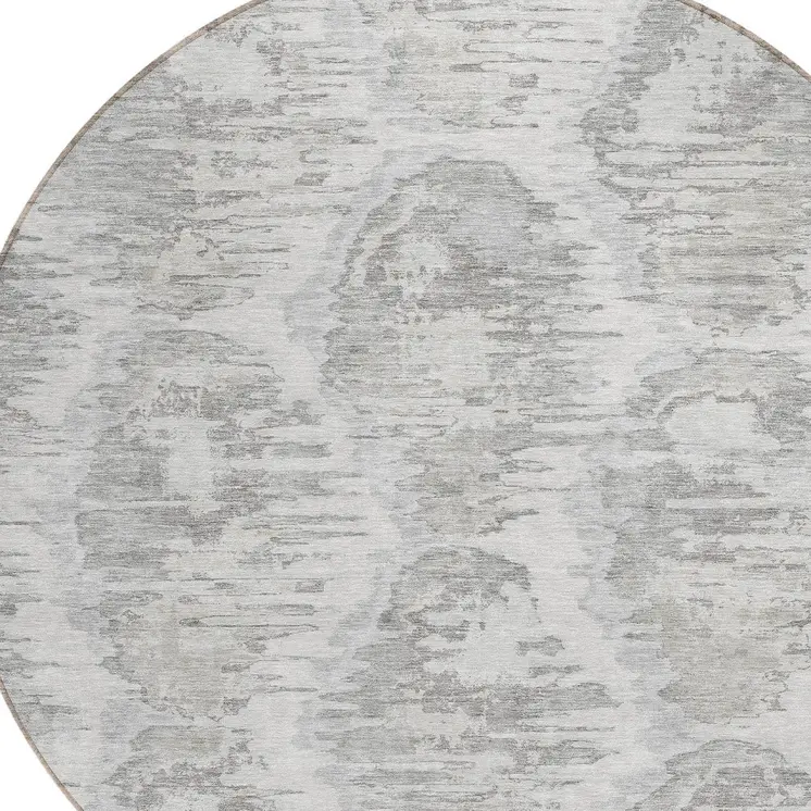 8' Ivory Silver And Taupe Round Abstract Washable Indoor Outdoor Area Rug
