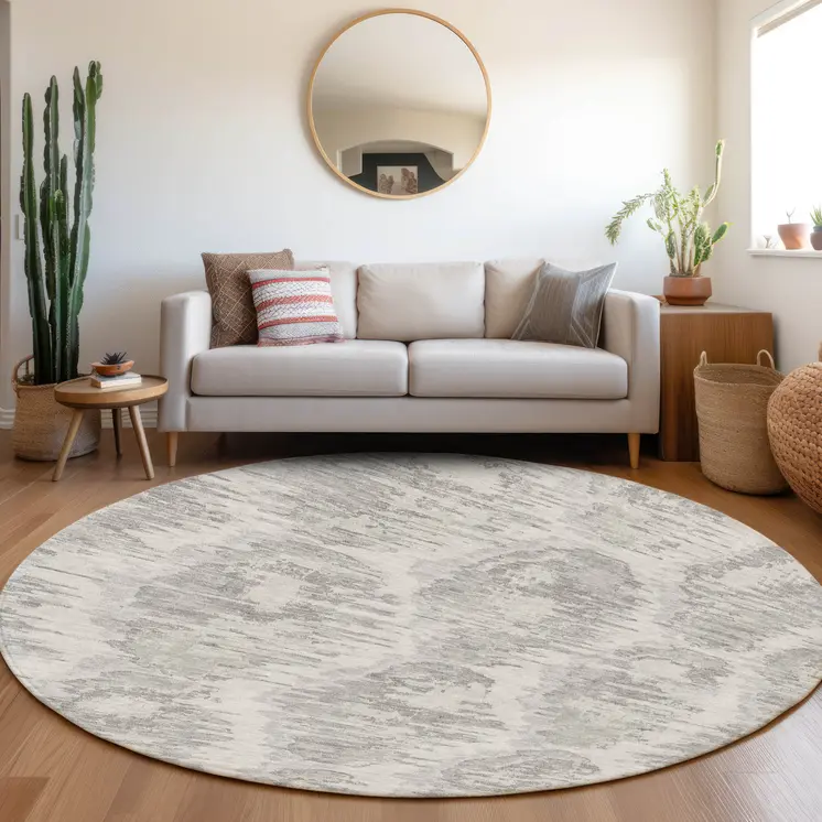 8' Ivory Silver And Taupe Round Abstract Washable Indoor Outdoor Area Rug