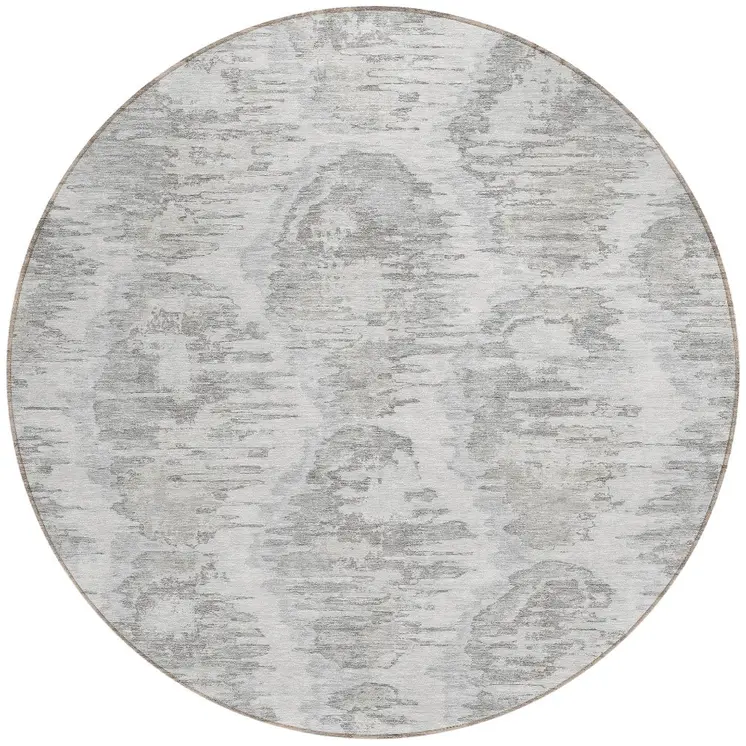 8' Ivory Silver And Taupe Round Abstract Washable Indoor Outdoor Area Rug