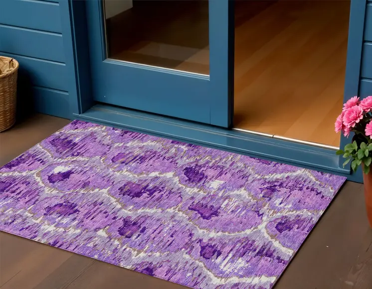 3' X 5' Lavender Purple And Ivory Abstract Washable Indoor Outdoor Area Rug