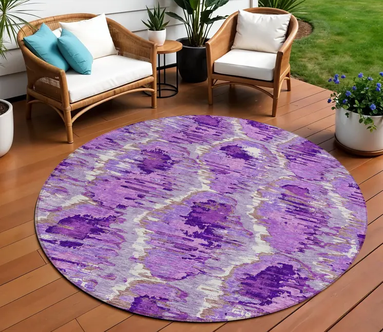 8' Lavender Purple And Ivory Round Abstract Washable Indoor Outdoor Area Rug
