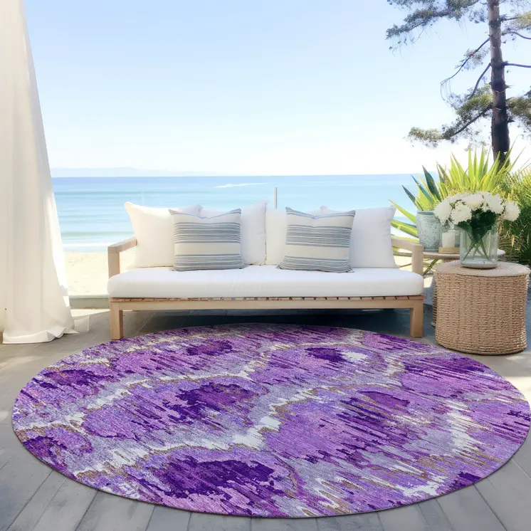 8' Lavender Purple And Ivory Round Abstract Washable Indoor Outdoor Area Rug