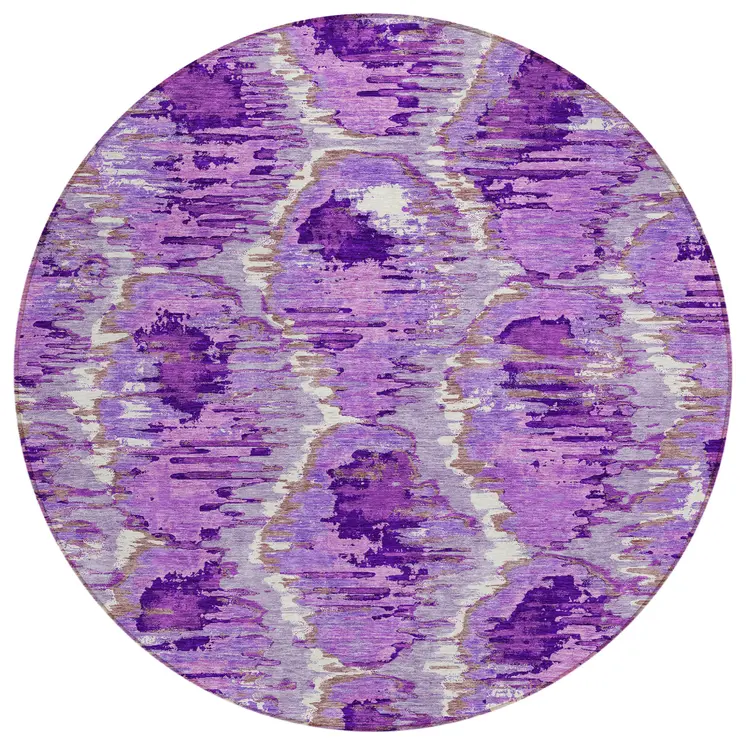 8' Lavender Purple And Ivory Round Abstract Washable Indoor Outdoor Area Rug