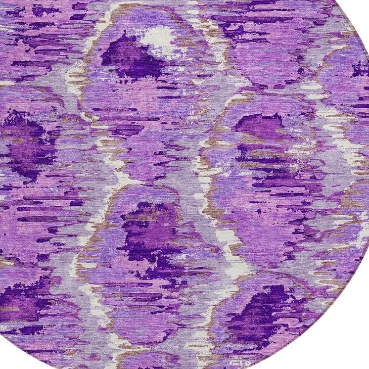 8' Lavender Purple And Ivory Round Abstract Washable Indoor Outdoor Area Rug