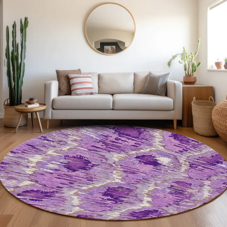 8' Lavender Purple And Ivory Round Abstract Washable Indoor Outdoor Area Rug