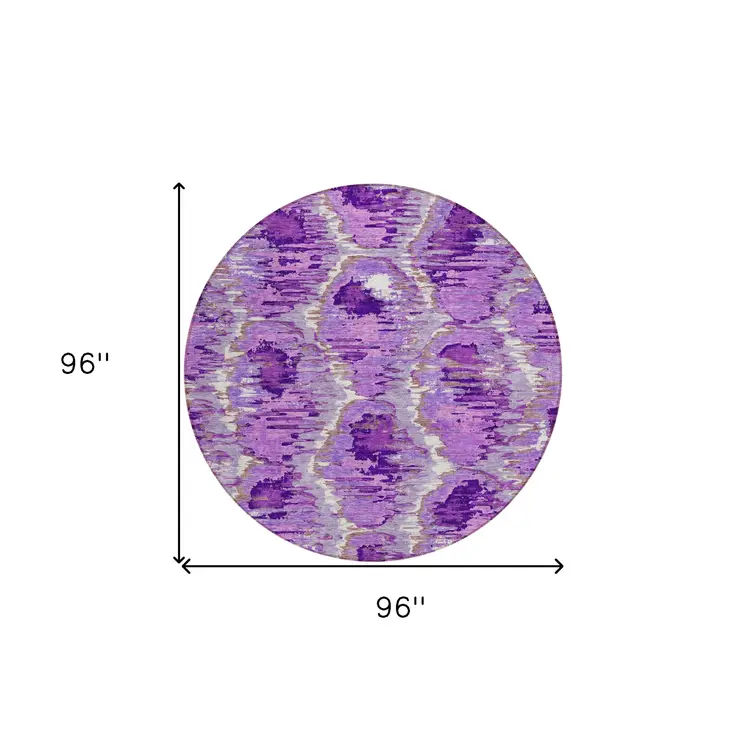 8' Lavender Purple And Ivory Round Abstract Washable Indoor Outdoor Area Rug