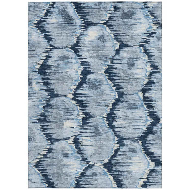 3' X 5' Navy Blue Sky Blue And Ivory Abstract Washable Indoor Outdoor Area Rug