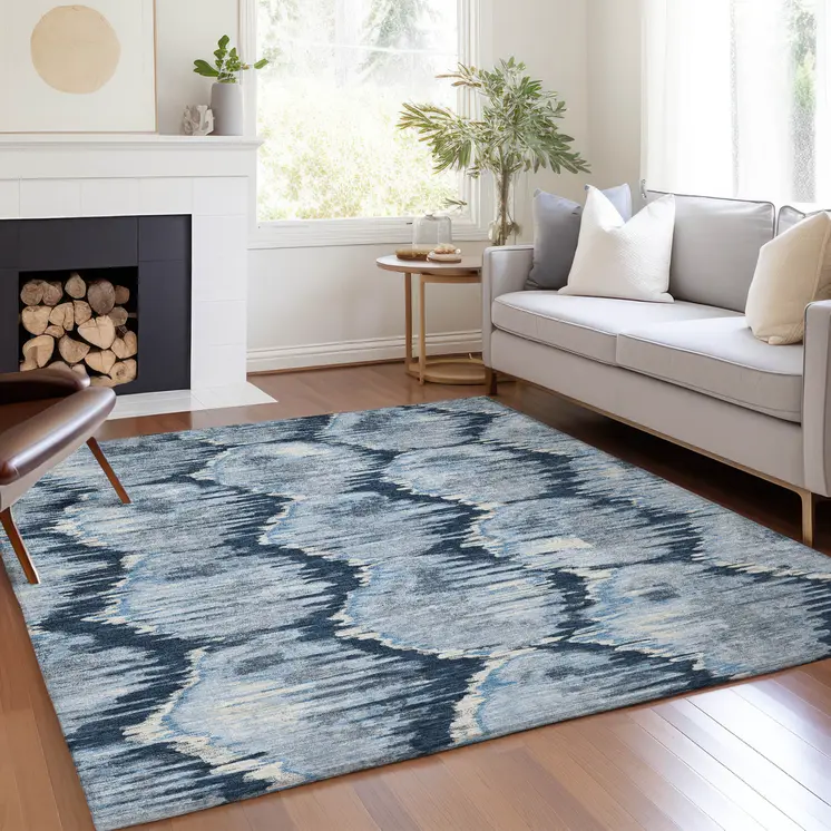 3' X 5' Navy Blue Sky Blue And Ivory Abstract Washable Indoor Outdoor Area Rug