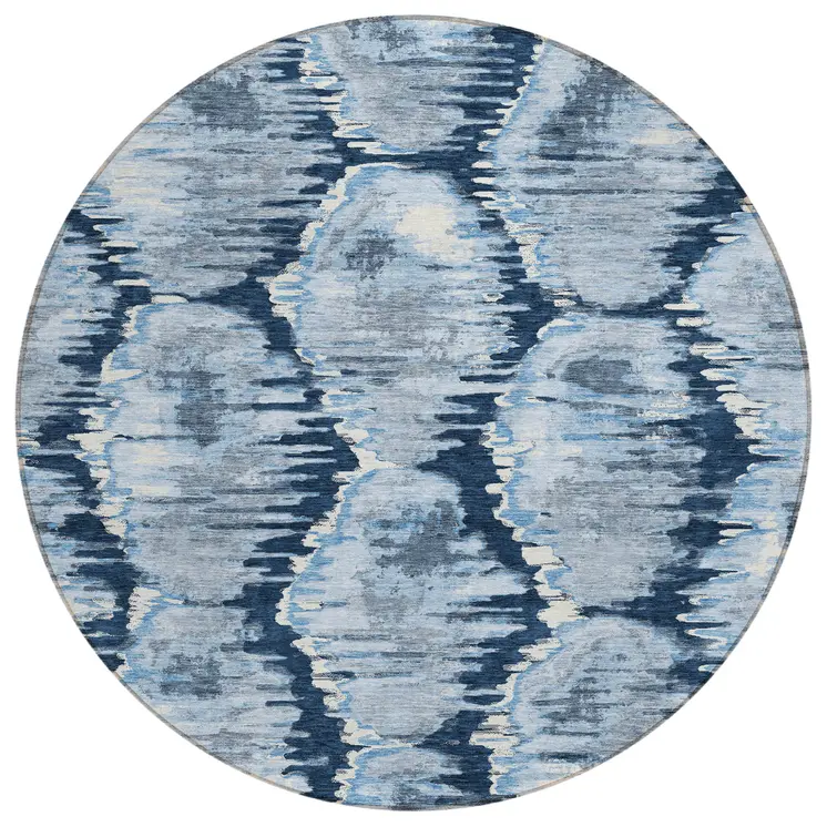 8' Navy Blue Sky Blue And Ivory Round Abstract Washable Indoor Outdoor Area Rug